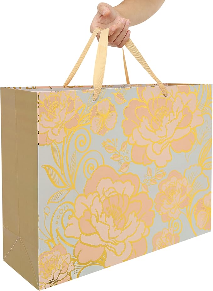 16.5” Extra Large Rose Gold Gift Bag Set with Handles, Greeting Card, Tissue Papers and Stickers for Women Girls for Birthday, Wedding, Valentine's Day and Mother’s Day, Foil Traced Flowers Design, 1 Pcs