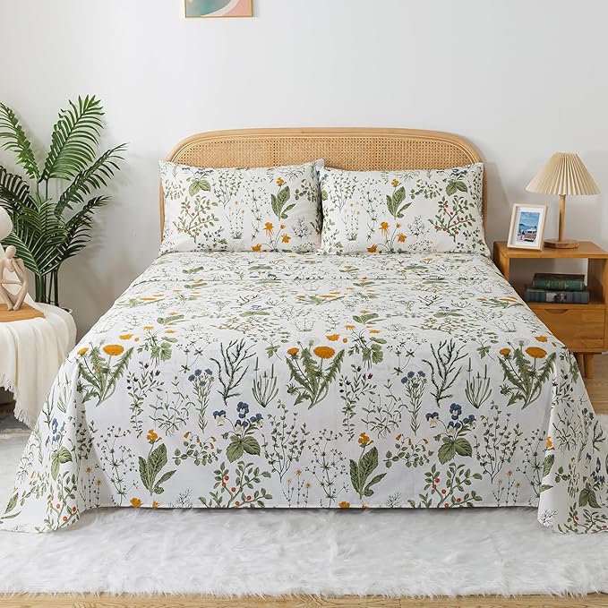 Zusbest Queen Sheet Set 100% Percale Cotton Green Floral Bed Sheet Set Yellow Flower & Green Leaves Botanical Pattern Printed on White Garden Luxury Crisp Soft Deep Pocket Fitted Sheet 17.5'' 4Pcs
