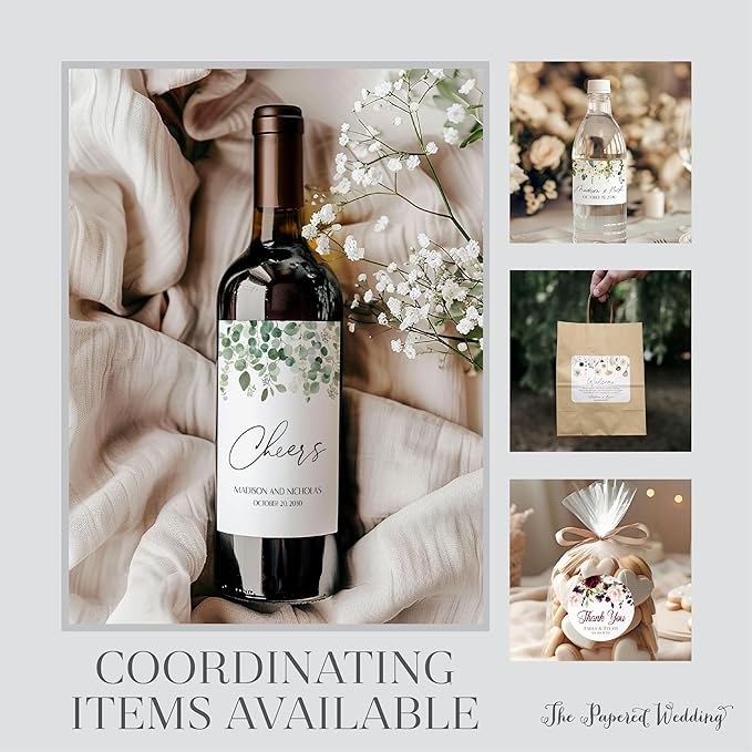 Personalized Floral Wedding Stickers with Your Choice of 30 Flower Styles - Choose Font and One of Five Pre-made Phrases or Add Custom Text (003 - Green and Gold Leaves)