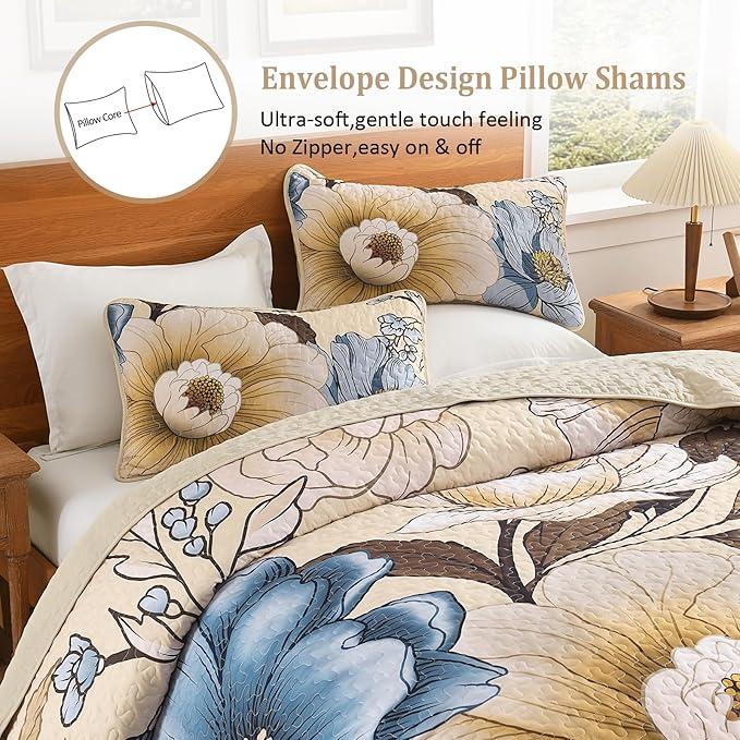 Dintszyayue Khaki Quilt Set Queen,3 Pieces Beige Floral Bedspreads Lightweight Coverlet Set for All Seasons, Reversible Quilted Printed Bedding Set with 2 Pillow Shams