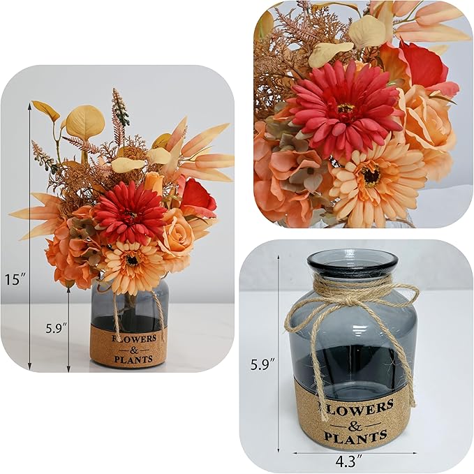 LADADA Artificial Flower in Glass Vase,Fall Silk Flower Arrangements,Fall Centerpieces for Tables,Artificial Flowers for Autumn Decor,Thanksgiving Party Table Rustic Wedding(Orange-Yellow)
