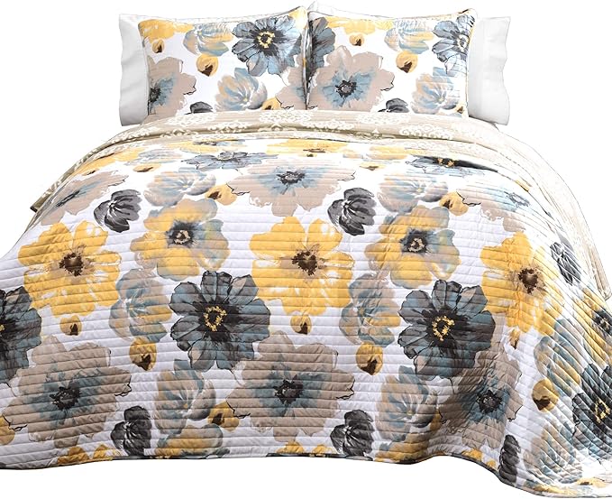 Lush Decor Leah Reversible Floral Quilt Set, 3 Piece Set, Full/ Queen, Yellow & Gray - Watercolor Botanical - Cottage Core - French Country Decor- Bedding Queen Size