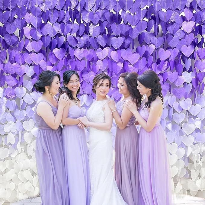205Ft Lavender Party Decoration Ombre Purple White Heart Backdrop Streamer Tissue Paper Heart Hanging Garland for Birthday Valentines Day Bachelorette Wedding Bridal Shower Lilac Violet Party Supplies