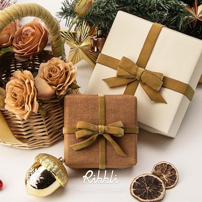 Ribbli Polyester Khaki Velvet Ribbon,5/8 Inches Continuous10-Yard Spool,Christmas Ribbon for Gift Wrapping,Floral Bouquets, Home Decor