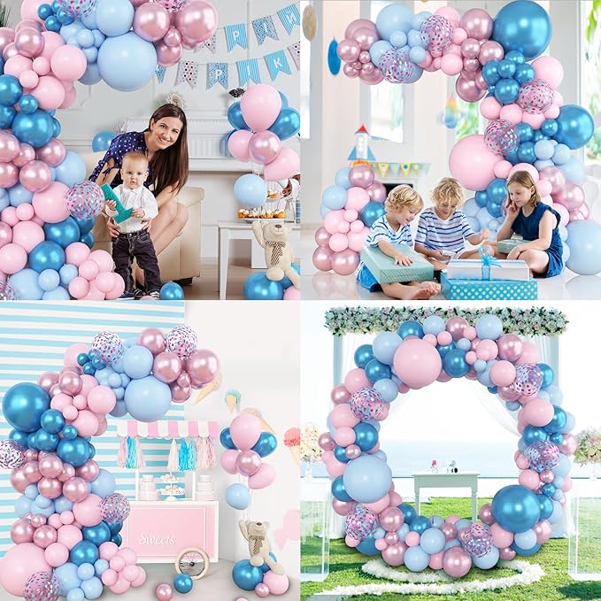 Amandir 153pcs Pink Blue Balloon Garland Arch Kit, Different Sizes 18 12 10 5 inch Metallic Pink Blue Latex Confetti Balloons for Boy Girl Gender Reveal Neutral Baby Shower Birthday Party Decoration