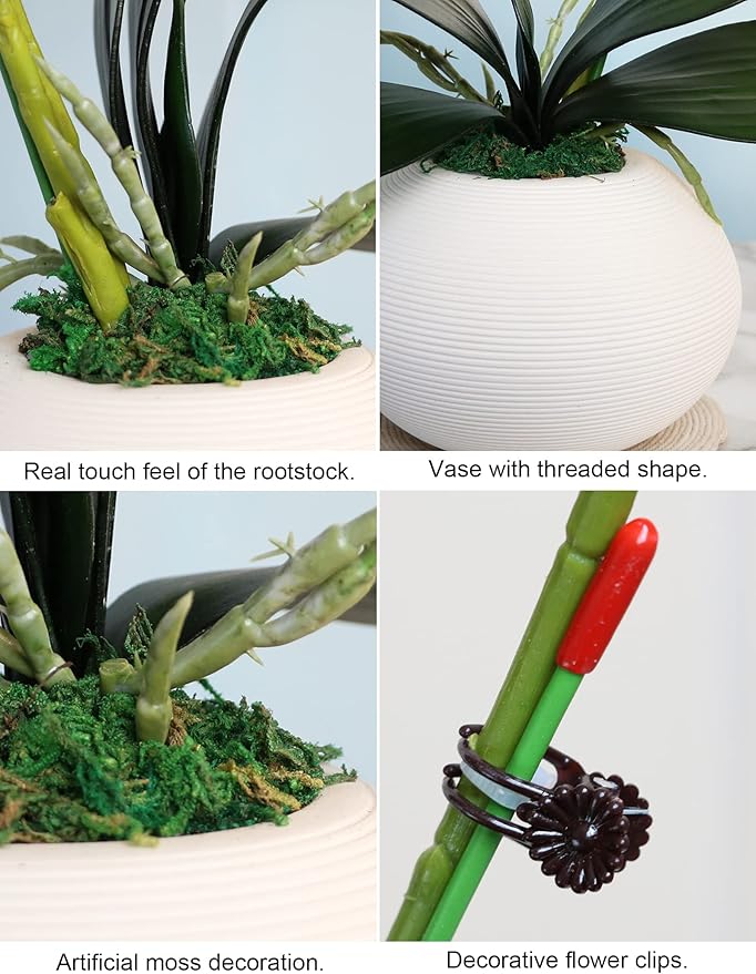 Forlaoers 17" Green Artificial Flowers Artificial Orchids That Look Real with Pot Fake Orchid in Vase for Table Centerpieces Indoor Home Decor Office Bathroom Decoration