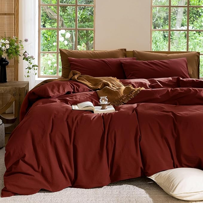 MooMee Bedding Duvet Cover Set 100% Washed Cotton Linen Like Textured Breathable Durable Soft Comfy (Solid Fired Brick Red, King 104"x90")