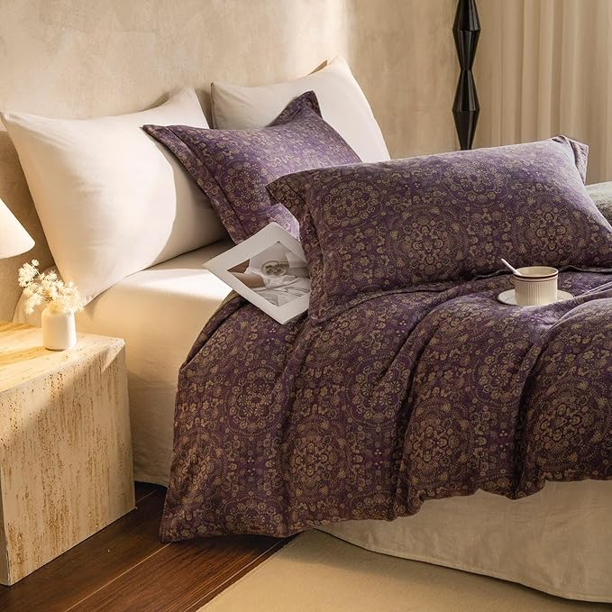 VM VOUGEMARKET Jacquard Flower Duvet Cover Twin,Purple Green Floral Duvet Cover Set Yarn-Dyed Cotton Boho Medallion Bedding Set,Retro Reversible Duvet Cover with Zipper Ties
