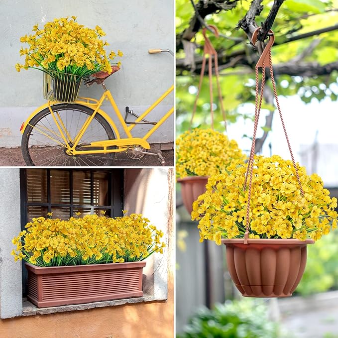 Ouddy Decor 12 Bundles Artificial Flowers for Decorations Fake Silk Plants for Outdoors UV Resistant Faux Plastic Greenery Stems for Garden Porch Window Box Home Spring Decor, Yellow