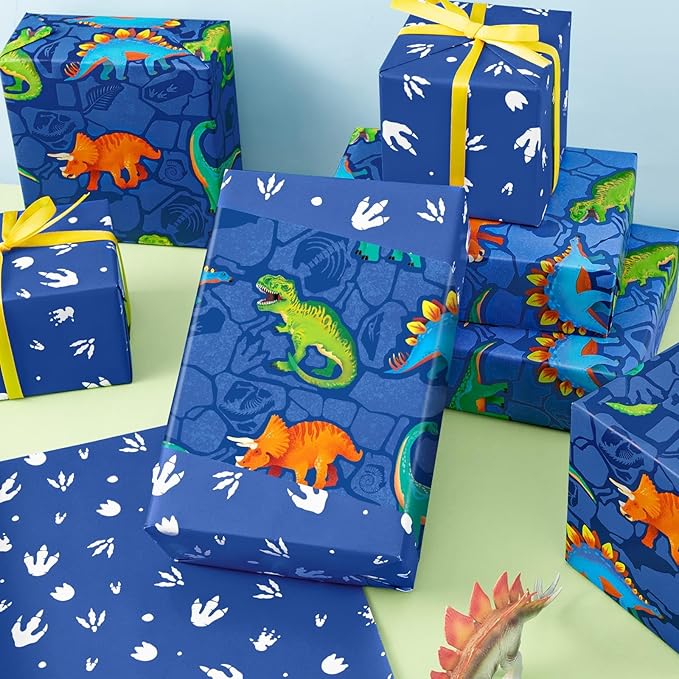 WERNNSAI Dinosaur Wrapping Paper - 1 Roll 17” x 9.8 ft Dinosaur Birthday Wrapping Paper Kids Boys Birthday Gift Wrap Blue Gift Packing Decoration Baby Shower Paw Prints Design Reversible