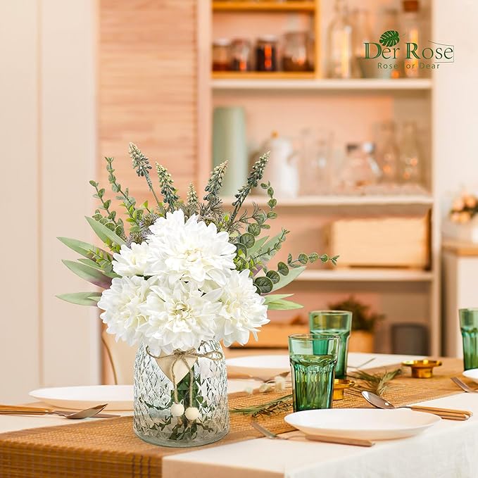 Der Rose Fake Flowers in Vase Silk Artificial White Flowers Arrangements with Glass Vase for Dinning Coffee Table Centerpieces Home Kitchen Farmhouse Wedding Decor