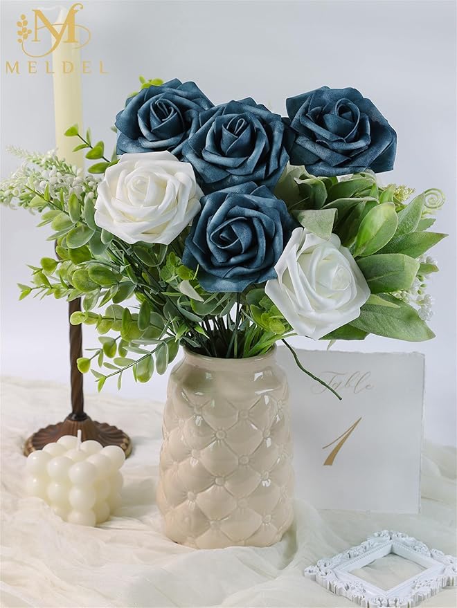 Meldel Artificial Flowers 25pcs Real Looking Dutch Blue Dusty Blue Foam Fake Roses with Stems for DIY Wedding Bouquets Bridal Shower Centerpieces Floral Arrangements Home Decorations