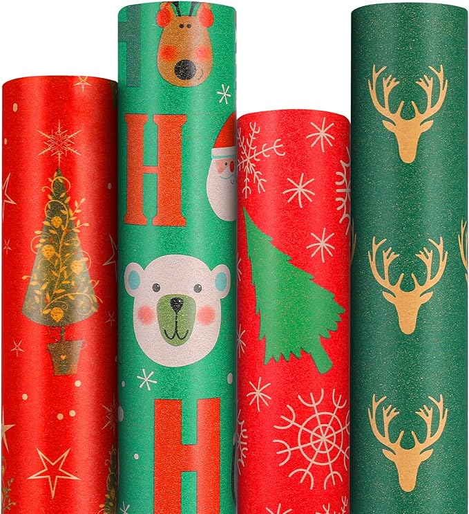 Christmas Wrapping Paper, Green Red Kraft Gift Wrap Papers Roll With Snowflakes Santa Reindeer Designs For Christmas, Thanksgiving, Holiday, Festive Gift Decor For Kids Adult, 4 Jumbo Roll x 17”x 16”