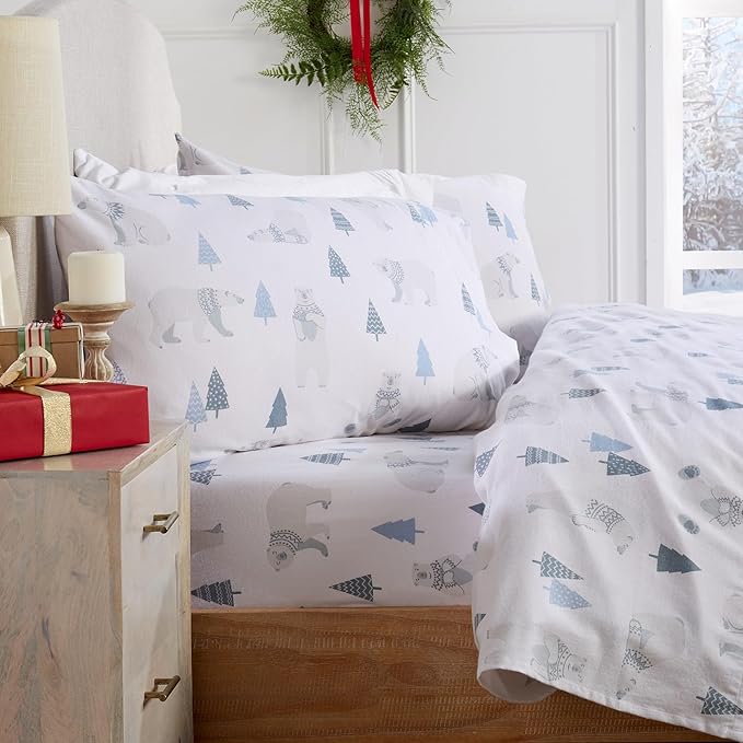 Market & Place 100% Turkish Cotton Flannel Sheet Set | 4 Piece Deep Pocket Novelty Cozy Winter Bed Sheets | Double Brushed for Extra Softness & Comfort | Alpine Collection (Full, Polar Bears)