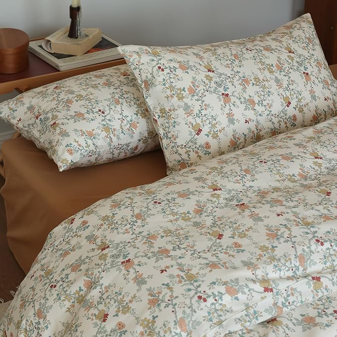 EAVD Vintage Style Botanical Floral Duvet Cover Full Soft Cotton Chic Floral Tree Branches Pattern Bedding Set with 2 Pillowcases Fresh Botanical Duuvet Covet with Zipper Closure