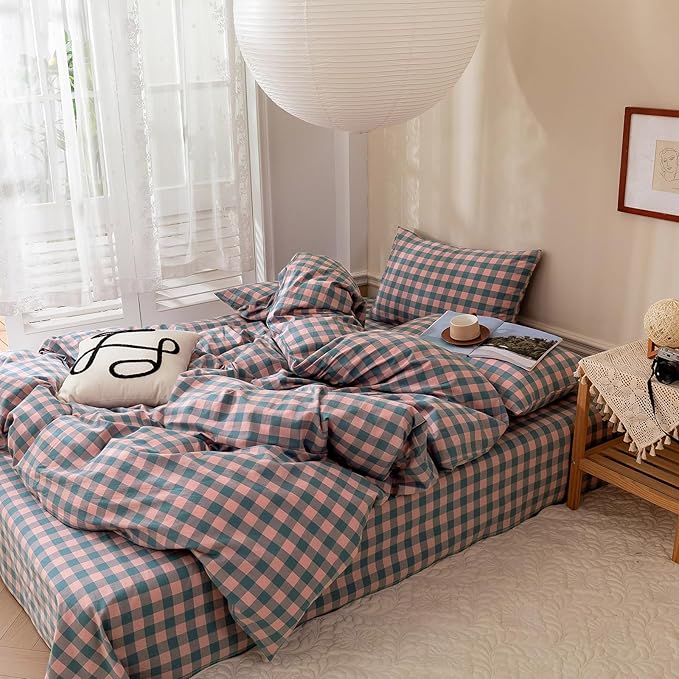 LifeTB Twin XL Comforter Set Purple Pink Plaid Bedding Comforter with 2 Pillowcases Geometric Checkered Pattern Comforter Set for All Season Fluffy Soft Lightweight Bedding Comforter Twin XL Size