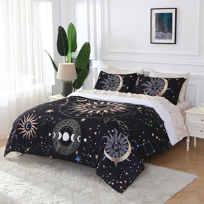 7 Piece Sun and Moon Comforter Set Bed in a Bag King Size - Boho Celestial Constellations Bedding for Girls Women - Black Gold - Lightweight Comforter with Sheets and Pillowcases