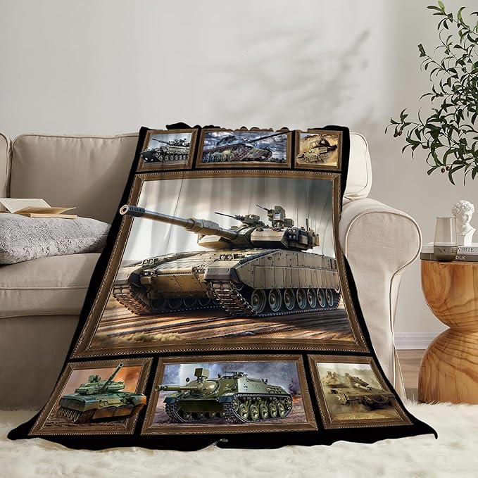 Tank Throw Blanket - Military Gifts for Fans - Soft Warm Cozy Fleece for Boys, Men, Girls, Women, Kids, Adults - Couch, Sofa, Bed - 80"x60"