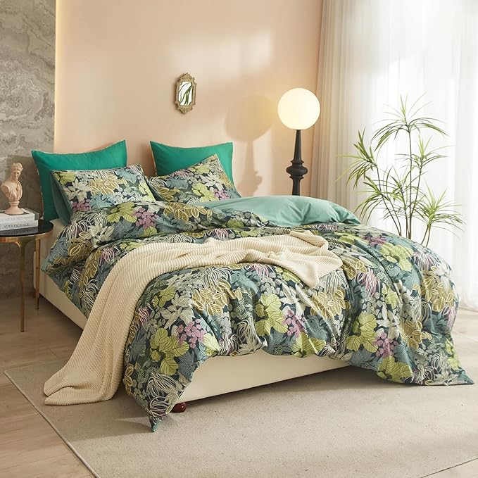 HighBuy Vintage Leaves Duvet Cover Twin Dark Green Boho Botanical Bedding Sets Country Style Green Comforter Cover with 2 Pillowcases Cozy Cotton Cottagecore Chic Farmhouse Bedroom Collection Twin