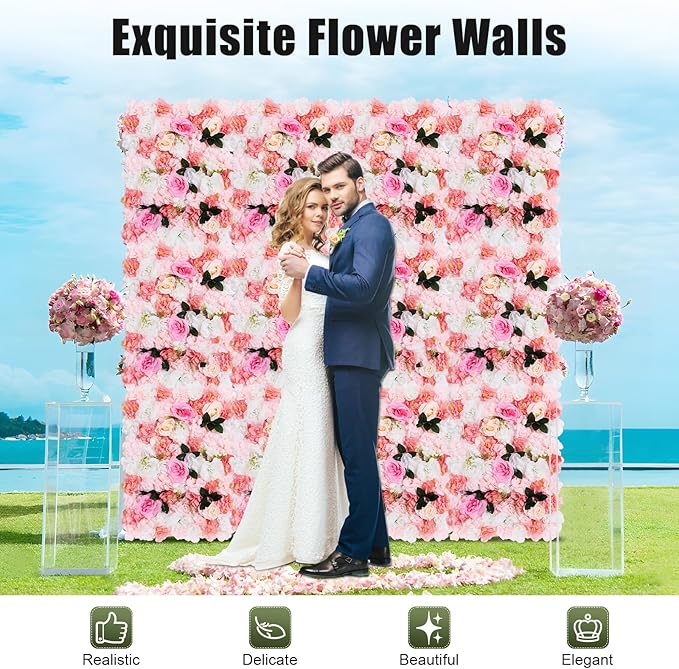 12PCS Flower Wall Panels, 3D Silk Floral Wall Backdrop, Realistic Pink Dahlias Rose Flower Backplanes, Roll Up Fake Flower Background for Valentines Wedding Party Home Decoration