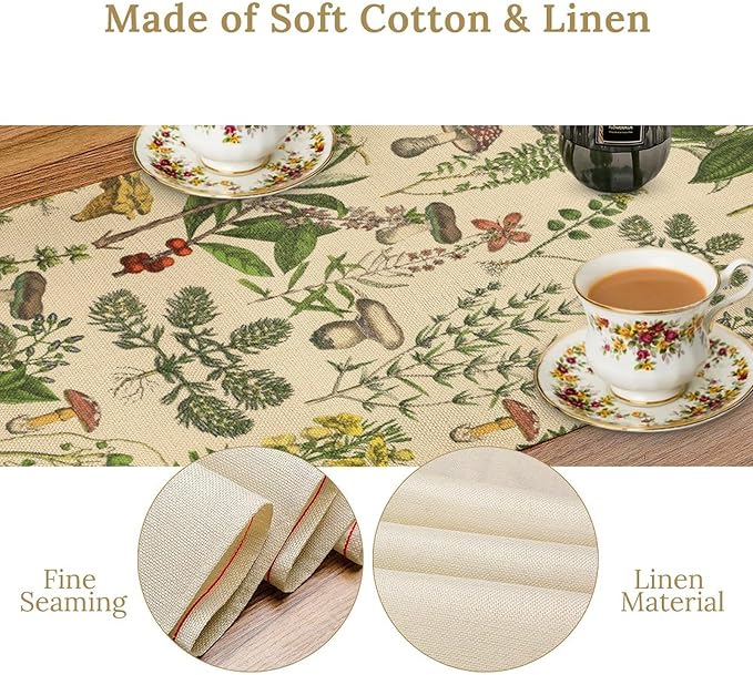 Vintage Botanical Table Runner, Antique 1900s Plants Herbs Mushroom Boho Retro Wildflower Ferns Print Table Runner for Farmhouse Kitchen Indoor Outdoor Decoration, 13x108inch
