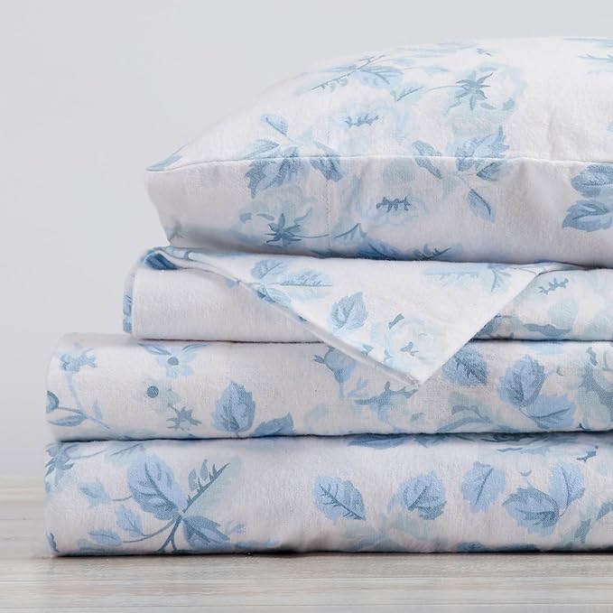 Market & Place 100% Cotton Queen Flannel Sheet Set | 4 Piece Deep Pocket Cozy Winter Floral Bed Sheets | Double Brushed for Extra Softness & Comfort | Alpine Collection (Queen, Vintage Floral)