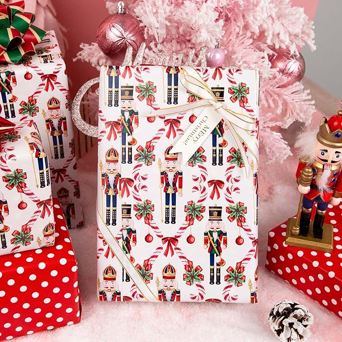 MAYPLUSS Christmas Nutcracker Wrapping Paper - 17 Inch X 33 Feet - Metallic Gift Wrapping Paper featuring Christmas Tree Holly Cute Bow Candy Cane Reversible Polka Dot for Holiday Party New Year Kids
