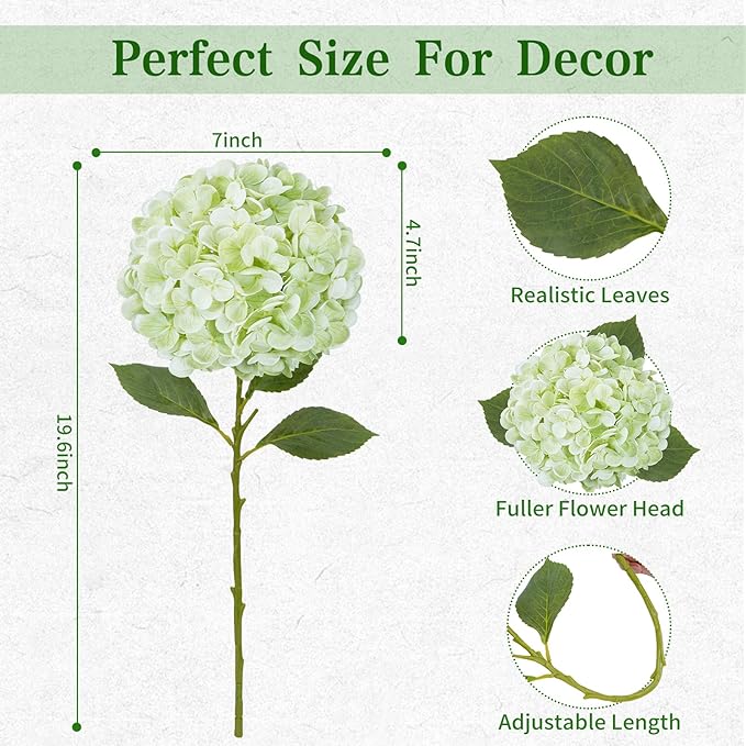 6 Pcs Light Green Hydrangea Artificial Flowers, Latex Real Touch Hydrangea Flowers, 19.6'' Full Faux Hydrangea Flowers Fake Flowers for Home Decor Party Wedding Centerpiece Bouquet Floral Arrangements