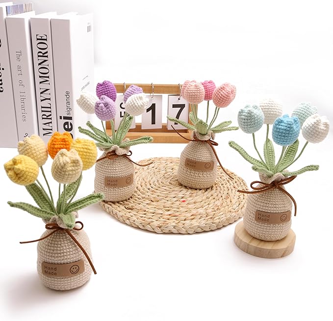Crochet Woven Tulips with Wool,Simulation Plant Crochet Hand-Woven Flowers for Home Room Table Office Ornaments and Birthday Gifts for Family Friends Anniversary(5 Flowers-Pink )