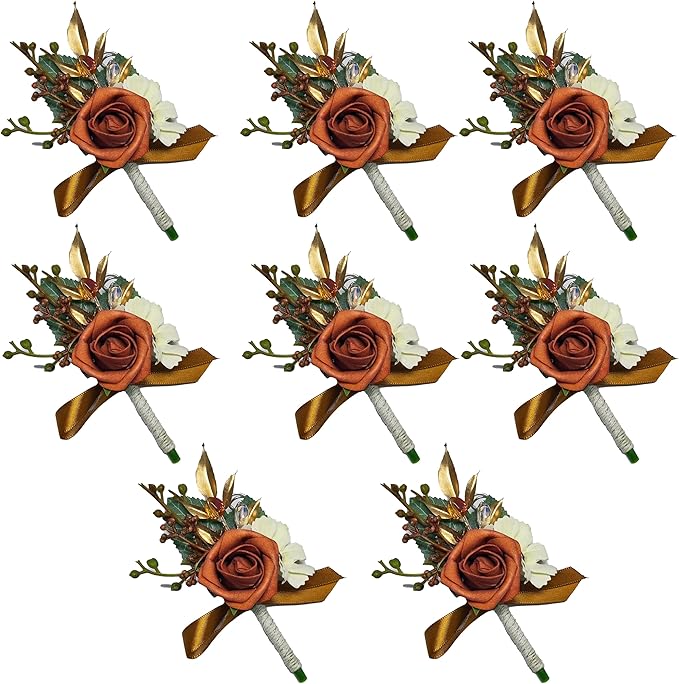 Orange Rose Boutonniere for Men 8 Pcs-Groomsmen and Groom Boutonniere for Wedding, Prom and Anniversary,Formal Dinner Party & Ring Bearer Accessories(O)