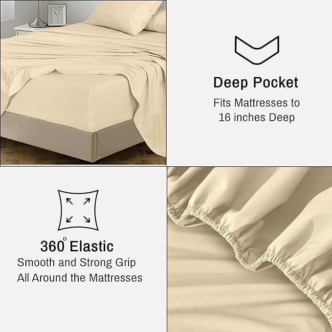 RUVANTI 100% Cotton Twin Sheets Set, 3 Pieces, Soft & Breathable Percale Weave Bedding, Deep Pocket 16", Hotel Standard, Crisp Cool Feel, Durable, Perfect Dyed Bed Sheet, Beige