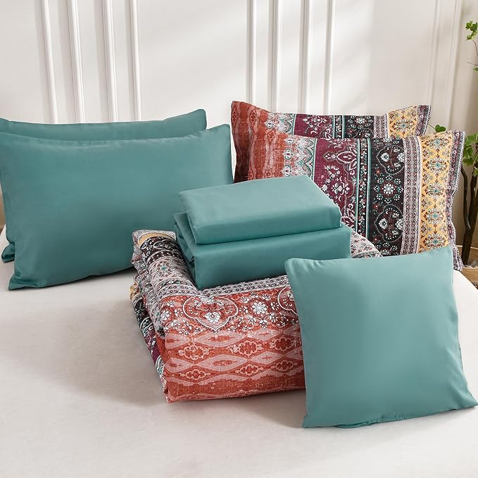 Cottolester Boho Queen Comforter Set 8 Pieces,Orange and Green Bohemian Striped Bed in a Bag,Paisley Soft Microfiber Bedding Comforter Set