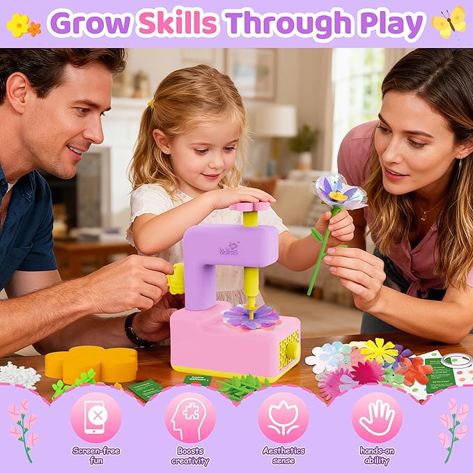 Kiditos DIY Flower Maker Toy Kit – Fabric Flower Bouquet Machine with Accessories, Creative Arts & Crafts Activity Set – Birthday Present, Party Favor & Christmas 2025 Holiday Gift for Kids Ages 3+
