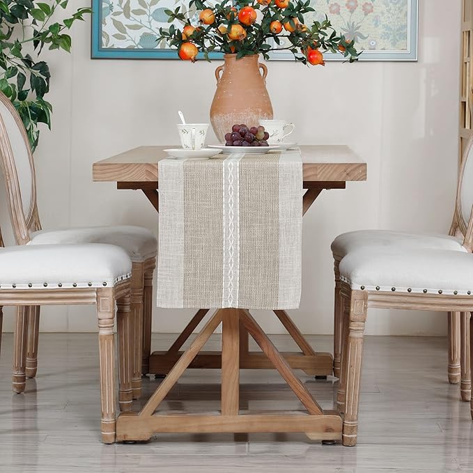 Farmhouse Braided Striped Table Runner Rustic Embroidery Coffee Table Runners for Decorations Weddings Holiday Brown13x60inch