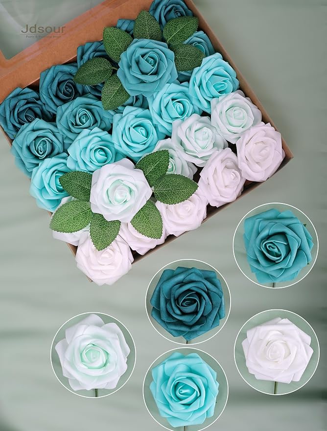 25pcs Artificial Flower,Real Looking Foam Roses w/Stem for DIY Wedding Bouquets Centerpieces Bridal Shower Party Decor-Shades of Teal Green