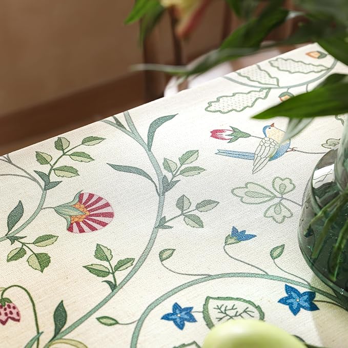 Linen Table Cloth Rectangle,Wrinkle Resistant French White and Green Tablecloth Print with Froal,Decor Stitch Table Cloth for Thanksgiving,Dining Room,Home,55" × 87"-Idaho A