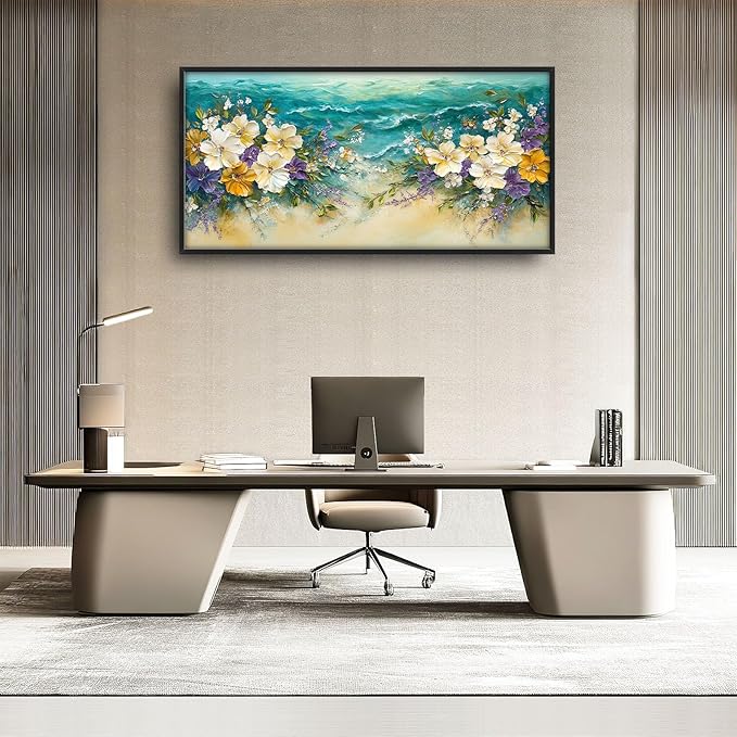 Beach Floral Large Wall Art Coastal Flower Pictures Wall Decor Summer Canvas Seascape Print Painting Modern Artwork Home Decoration for Living Room Bathroom Bedroom Office Framed 60"x30"