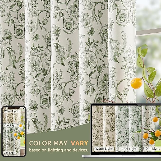 jinchan Floral Blackout Curtains for Bedroom Living Room 63 Inch Length Farmhouse Curtains Room Darkening Vintage Short Drapes Traditional Rod Pocket Window Treatment 2 Panels Set Sage Green on Beige