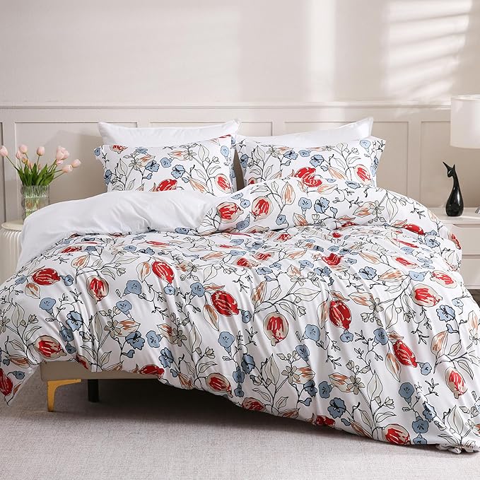 LONAVA Queen Flower 3 Pcs Duvet Cover Set, Breathable Soft Microfiber White Lining Comforter Cover with Zipper Closure, and 2 Anti-Pilling, Fade Resistant Pillowcases, Red Bud