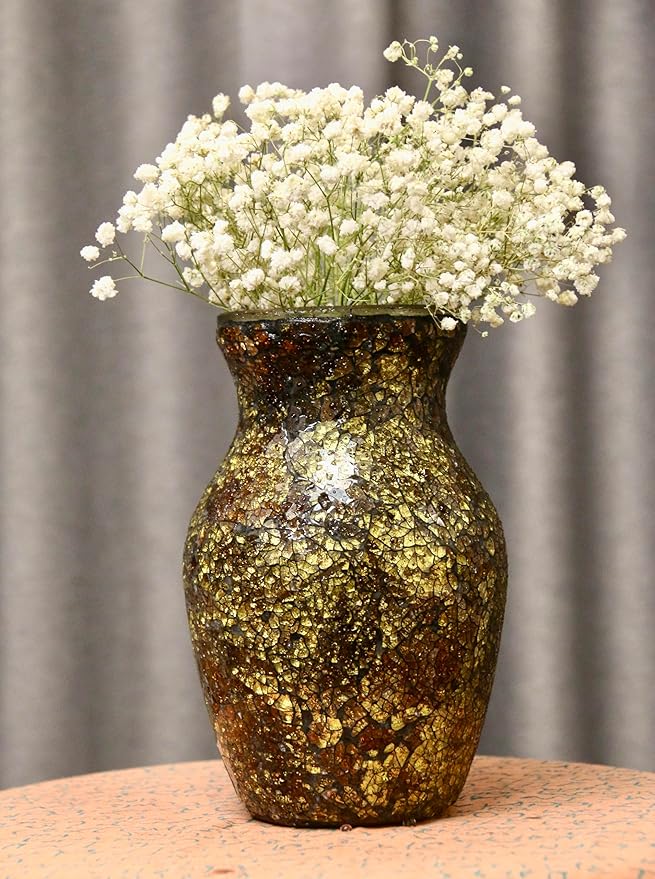 8" H Golden Mosaic Vase Glass Vase,Decorative Flower Vase,Decor Home Modern Midsize Mosaic Vase for Bedroom Livingroom Kitchen Office Wedding,Unique Gift