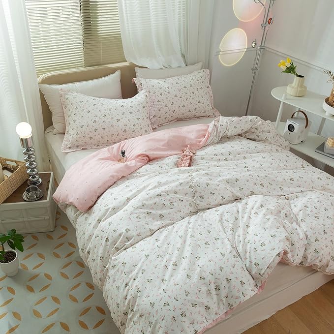 Pink Flower Duvet Cover Full Size Girls Cottage Floral Duvet Cover with 2 Pillowcases Soft 100% Cotton Flower Bedding Set Full Vintage Floral Comforter Cover with Zipper Closure for Girls Women