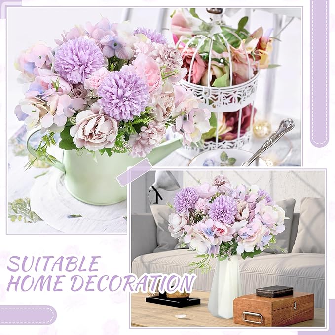 Lyrow 8 Pcs Peony Artificial Flowers Fake Silk Hydrangea Bouquet Elegant Peony Flowers for Wedding Decoration Faux Realistic Floral for Home Party Table Centerpieces Arrangement (Light Purple)