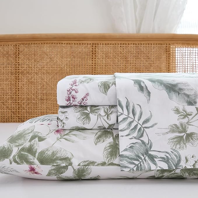 100% Cotton Sheet Set King Size – 4-Piece Vintage Sage Green Floral Bedding Set, Soft Breathable Percale Weave, Deep Pocket Fitted Sheet 17.5", Crisp Cool Feel, Refined Botanical Elegance