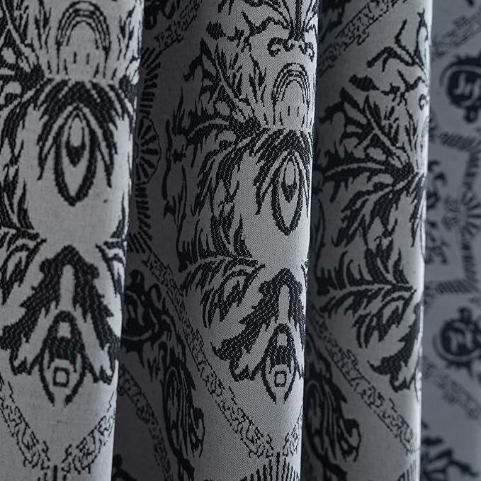 ENJOYBRIDAL Black Damask Curtains 63 Inch Long Semi Sheer Rod Pocket Drapes Bedroom Living Room 2 Panels Short Window Curtain Panels Boho Jacquard Medallion Pattern Light Filtering Window Treatments