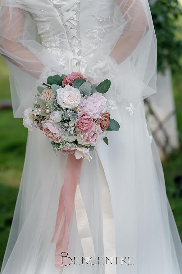 10 Inch Dusty Rose Bridal Bouquet,Wedding Bouquet, Bride Bouquets for Wedding Ceremony Anniversary, Party and French Rustic Vintage Wedding,Artificial Flowers