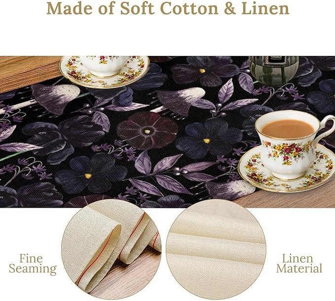 Gothic Floral Table Runner, Watercolor Black Purple Flowers Victorian Luxury Vintage Leaves Plant Table Runner for Home Kitchen Dining Decor Indoor Outdoor Party, 13x108inch
