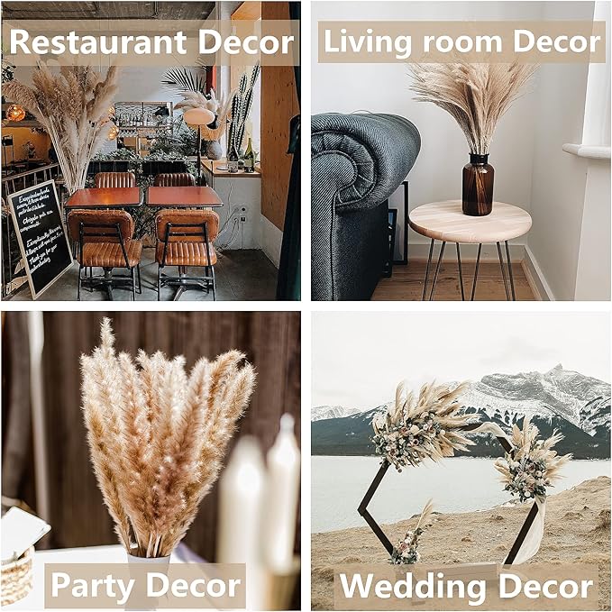 130 PCS Dried Pampas Grass Bouquet, Boho Table Decor, Bunny Tails Dried Flowers, Brown Pampas, Fluffy Pompas, White Pampas Grass for Weddings, Home Decor, Rustic Parties, and Baby Shower Decorations