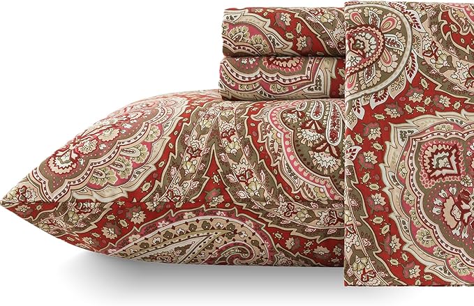 Zusbest King Size Sheets 100% Cotton Burgundy Red Paisley Patterned Bed Sheet Set Luxury Soft Breathable Crispy Cooling Percale Printed Deep Pocket Boho Bed Set 17.5 Inches, 4 Pieces