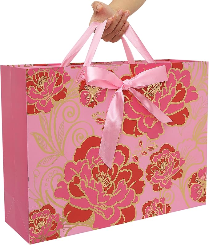 16.5" Extra Large Rose Pink Gift Bag Set with Greeting Card and Tissue Paper(Foil Traced Flowers) for Celebrating Birthdays, Mother's Day, Weddings, Anniversary, Valentine's Day - 16.5”x5.5”x12.6”, 1 Pcs.