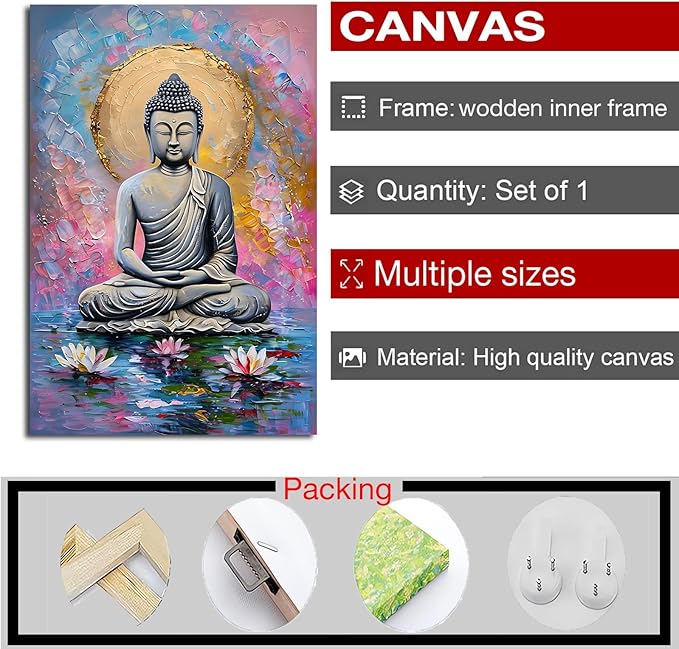 Lotus and golden Buddha meditation tranquil zen wall art mindfulness wall art for spiritual harmony and tranquility decor 28x40in Wood Framed